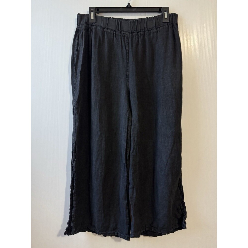 Tempo Paris Wide Leg Crop 100% Linen Pants Black M Boho Lagenlook Elastic Waist